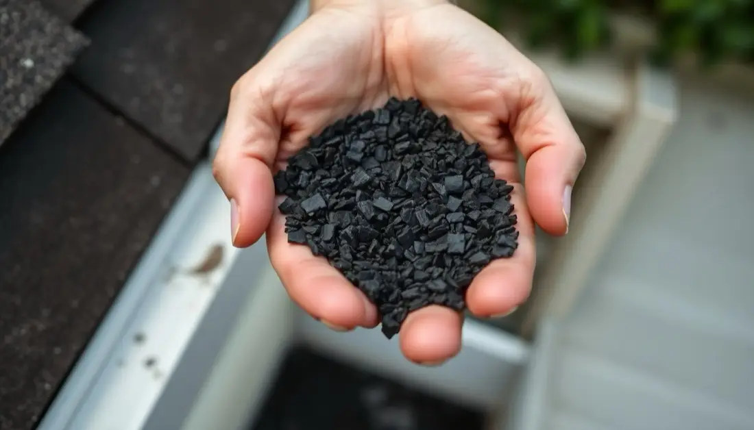 A handful of shingle granules scooped from the gutter after a storm