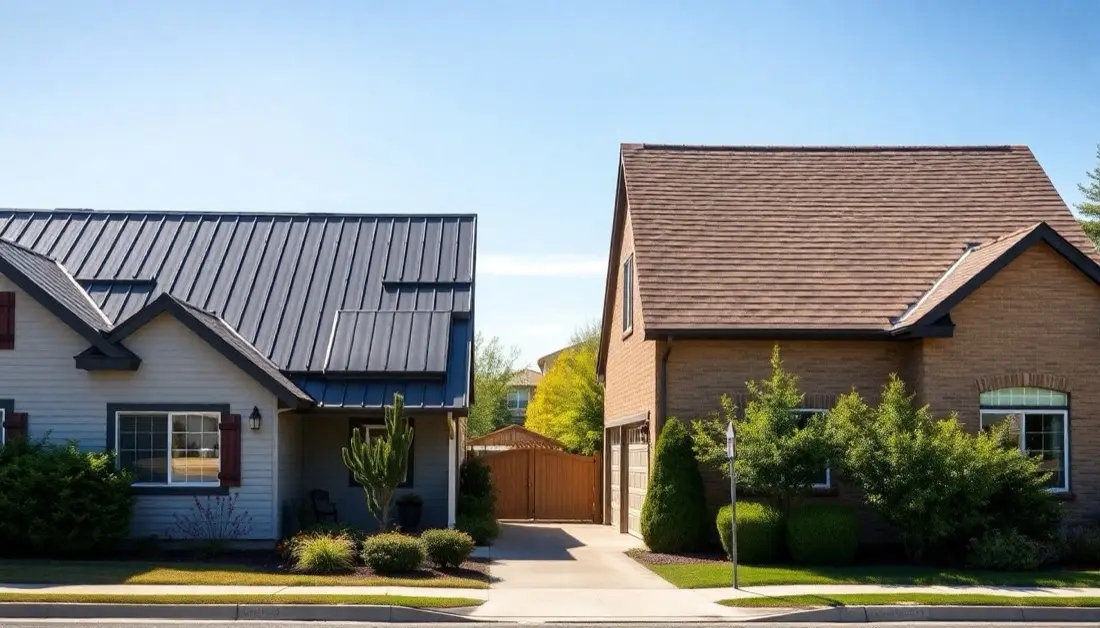 A standing seam metal roof and an architectural shingle roof on neighboring homes