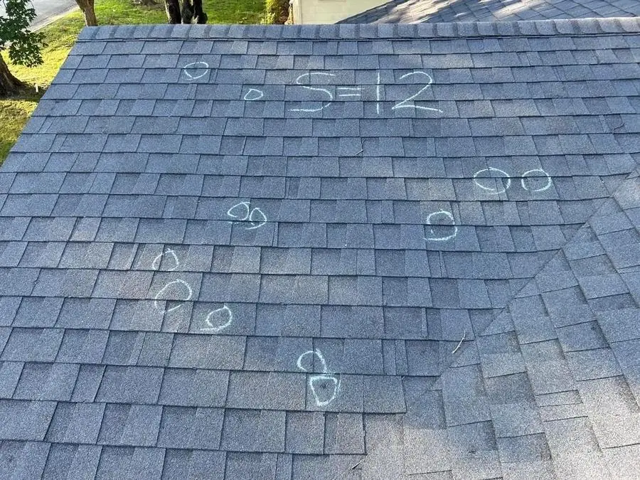 Hail hits circled in chalk during an inspection — the bruises an adjuster looks for